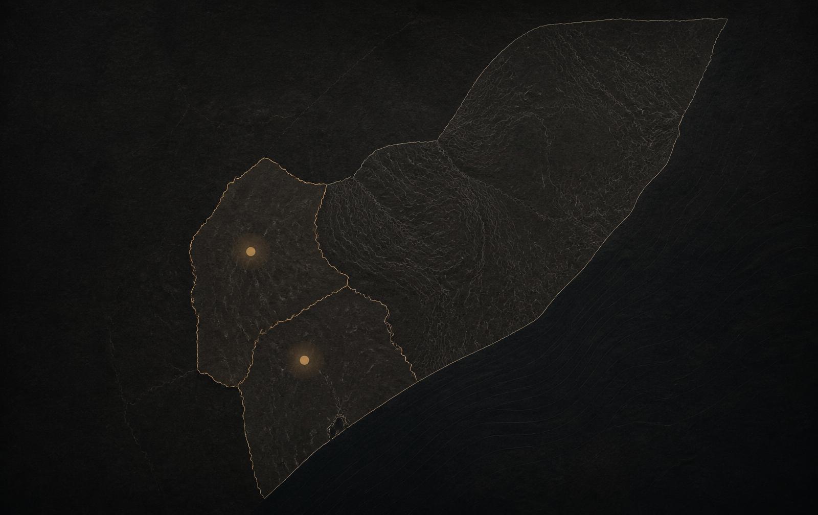 Minimal topographic illustration of the Somali regions referenced in this documentation, with two location markers.